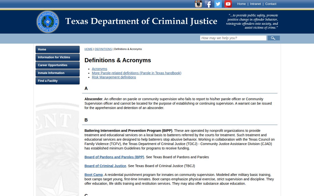 TDCJ definitions page explaining projected release dates