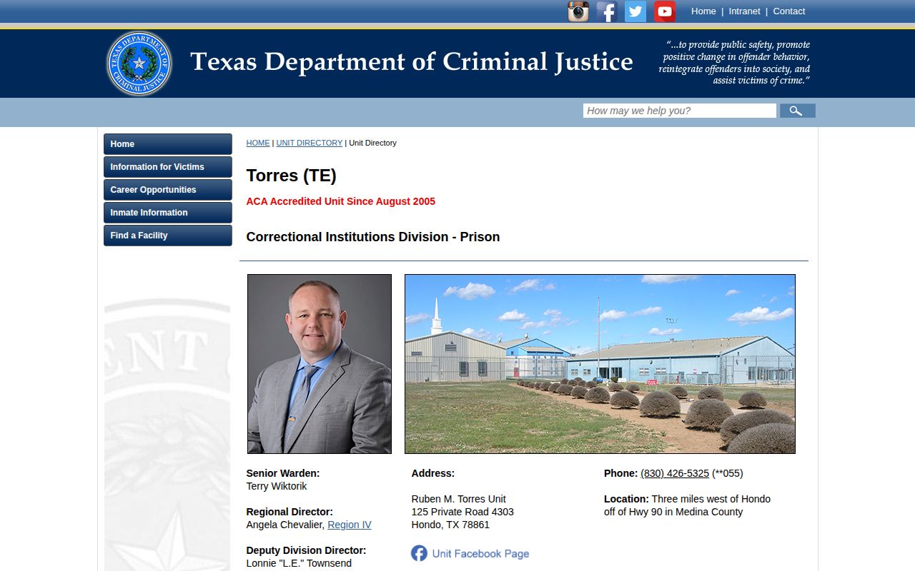 Ruben M. Torres Unit official TDCJ facility and release information